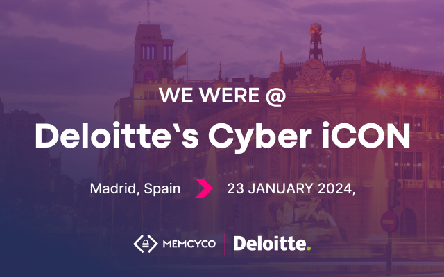 Announcing Deloitte's Cyber iCON 2024 in Madrid on 23 January, featuring Memcyco and Deloitte logos set against a vibrant cityscape background. Join us for this premier cybersecurity event!.
