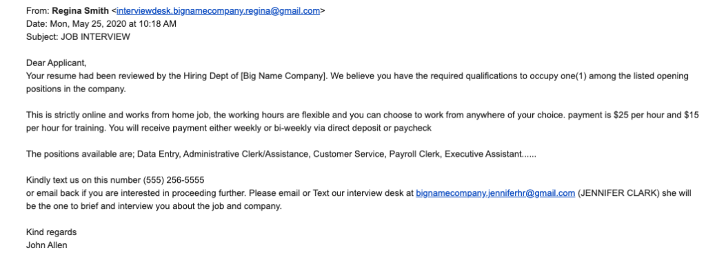 Job Offer or Recruitment Scam