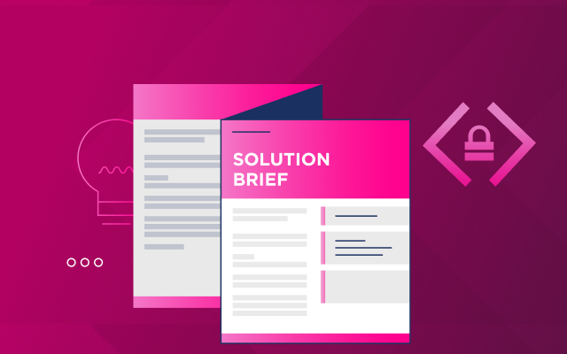 Two illustrated documents on a magenta background—one labeled "Solution Brief"—featuring graphic icons like a lightbulb and padlock, showcase Memcyco's industry agnostic approach for 2025.