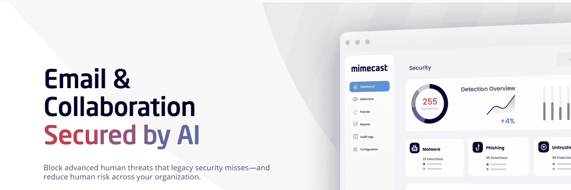 Mimecast webpage featuring the headline “Email & Collaboration Secured by AI” with detection overview dashboard image.