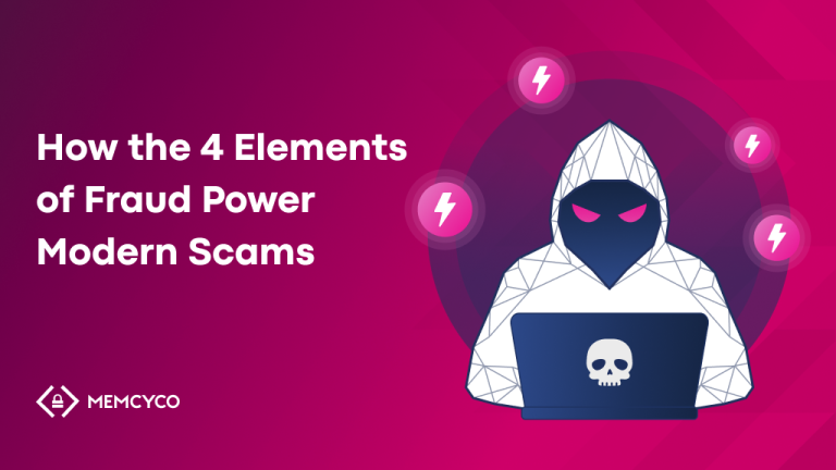 A hooded figure with a laptop displaying a skull icon is surrounded by lightning symbols, next to the text "How the 4 Elements of Fraud Power Modern Scams.