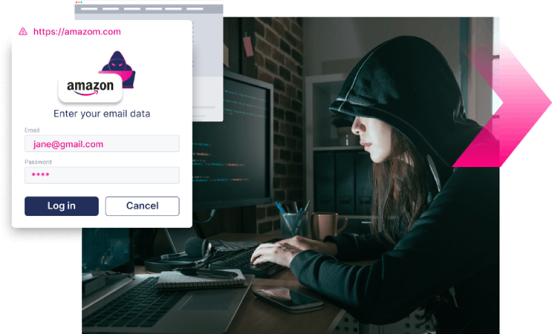 A person in a hoodie sits at a computer in a dark room while a fake Amazon login page requesting email and password is shown on the screen, hinting at potential credit card scams.