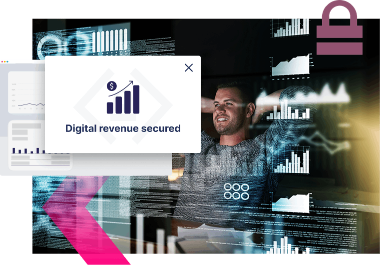 A man sits at a computer with digital graphs on screens; a pop-up message reads "Digital revenue secured" as he monitors for SEO threats, with a dollar sign and bar chart icon.